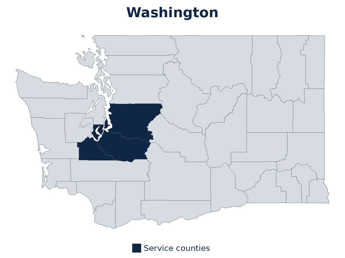 Map of Washington with King, Pierce and Thurston service counties highlighted